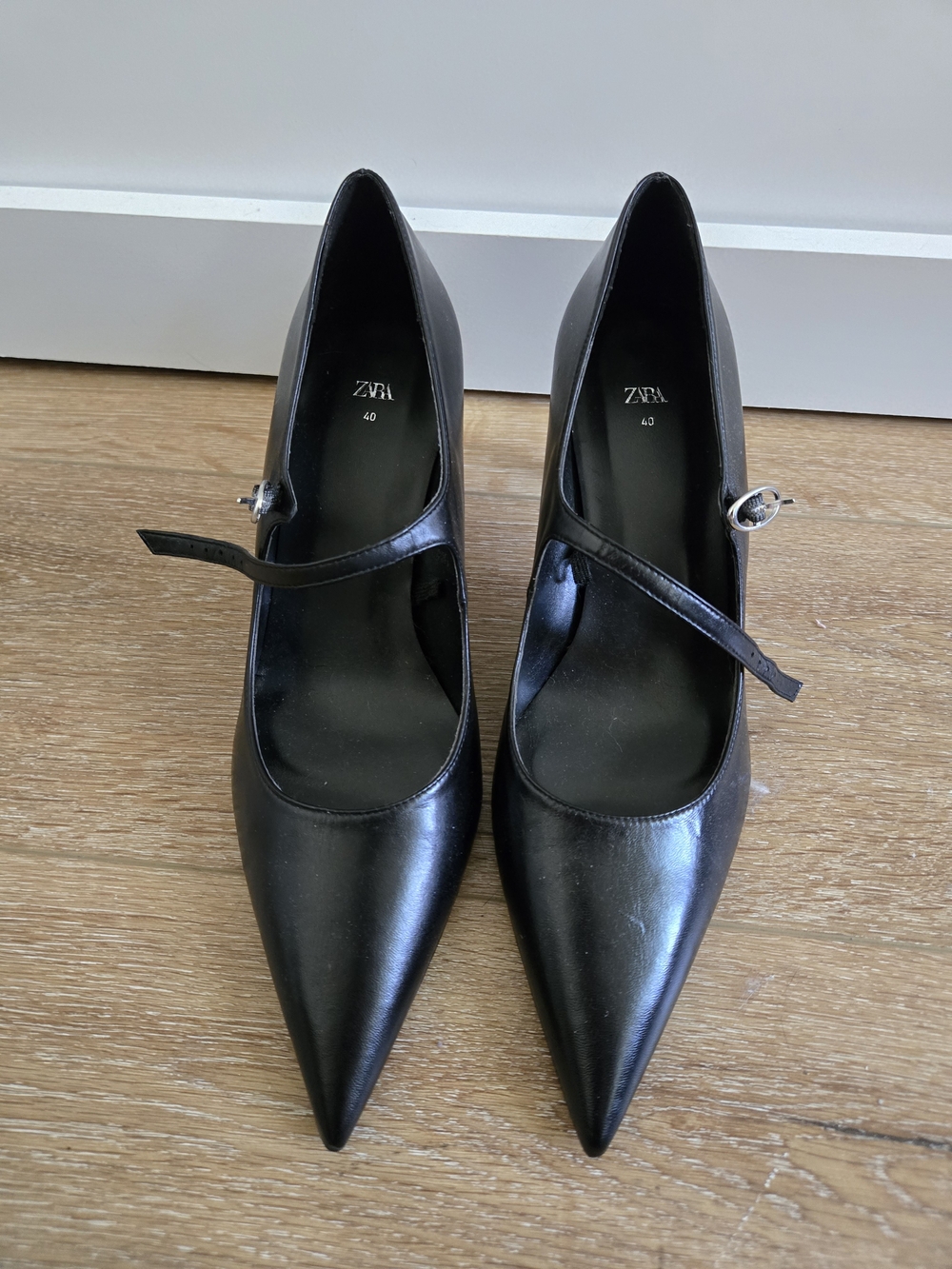 Zara Black Pointed Mary Jane Heels with Silver Buckle
